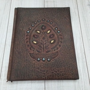 Grand dossier vintage en cuir véritable gaufré, couverture de livre en cuir, dossier d'affaires, dossier en cuir repoussé, portefeuille en cuir véritable