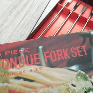 Fondue fork set, Vintage set of 6 Fondue Forks in Original Box, Colorful Fondue Spears with Wood Handles