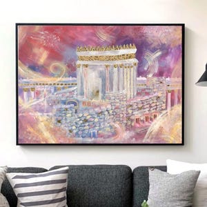 May include: A framed artwork depicting a building with white columns and gold accents, set against a colorful, abstract background of pinks, purples, and yellows. The painting is displayed above a gray sofa in a living room setting.