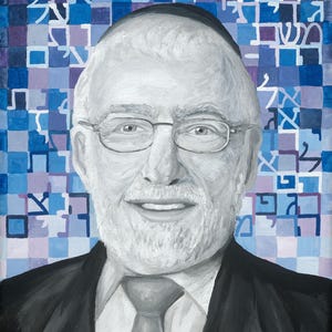 May include: A grayscale portrait painting of a smiling older man wearing glasses, a black suit, and a tie. The background features a blue and purple checkered pattern with Hebrew letters.