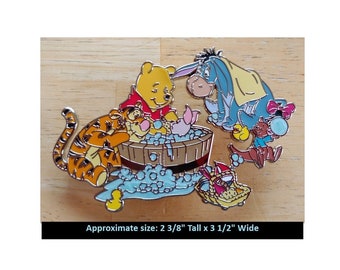 Fantasy Pin - JUMBO Disney Winnie the Pooh Tigger Eeyore Roo & Piglet getting a bubble bath in a bathtub tub