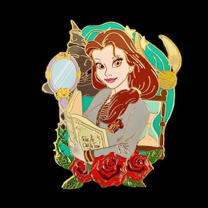 May include: A gold-toned enamel pin featuring Belle from Beauty and the Beast dressed as a Hogwarts student. She is holding a book that says "Tale As Old As Time" and has a Gryffindor scarf around her neck. The pin also features a mirror, a Sorting Hat, a golden snitch, and roses.
