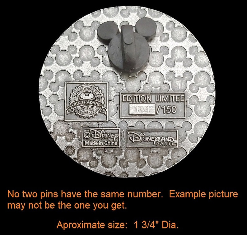 May include: Silver pin with a Mickey Mouse head design. The back of the pin features the text "Authentic Official Pin Trading 2018 Disney Parks", "Edition Limit&eacute;e 14/150", "&copy; Disney Made in China", and "Disneyland Paris".