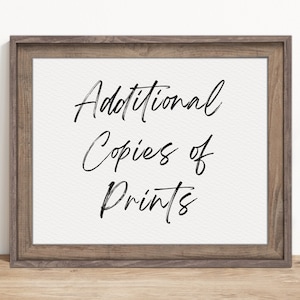 May include: A framed print with the text "Additional Copies of Prints" in black cursive writing on a white background.