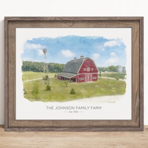 Custom Barn Landscape Painting From Photo, Watercolor Farmhouse Portrait