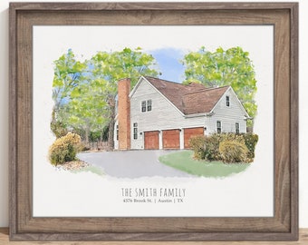 May include: A watercolor illustration of a white house with a red brick chimney and a three-car garage. The house is surrounded by green trees and bushes. The text "THE SMITH FAMILY 4376 Brook St. | Austin | TX" is printed below the house.