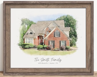 May include: A watercolor illustration of a red brick house with a brown roof and green trees. The house has a white front door and white windows. The text "The Smith Family 4576 Brook St. | Austin | TX" is below the house.
