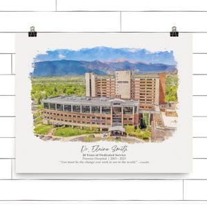 Retirement Gift For Coworker Or Boss, Custom Retirement Portrait From Photo Plaque, Watercolor Painting Of Office Building Unframed Print