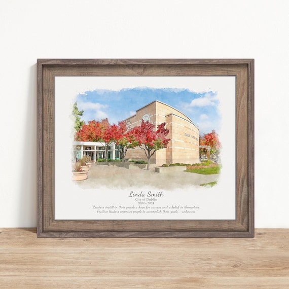 Retirement Gift For Coworker Or Boss, Custom Retirement Portrait From Photo Plaque, Watercolor Painting Of Office Building