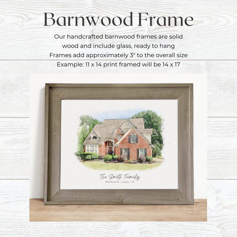 May include: A watercolour illustration of a house with a red brick exterior and a grey roof. The illustration is framed in a rustic grey wood frame. The text "The Smith Family" and an address are printed below the illustration.