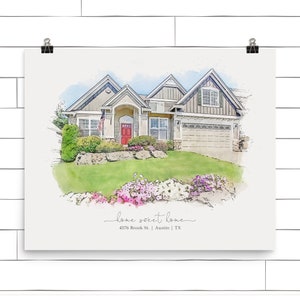 May include: Watercolour painting of a two-storey house with a red door and a garage. The house is surrounded by green grass and pink flowers. The text "home sweet home" is written below the house, along with the address "4576 Brook St. | Austin | TX".