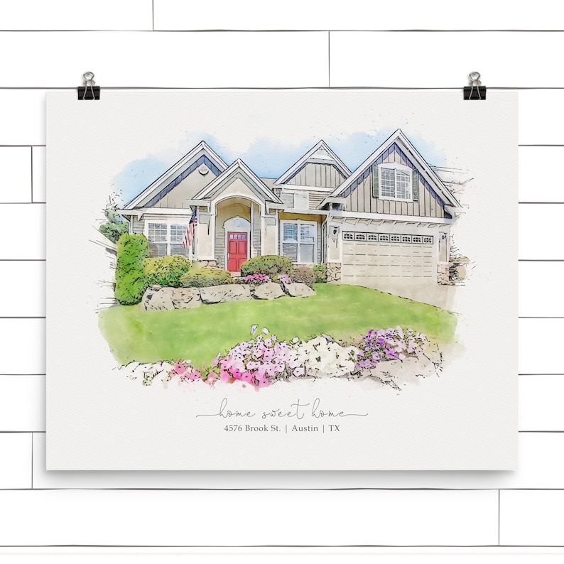 Townhouse Watercolor Portrait Painting From Photo, Custom House