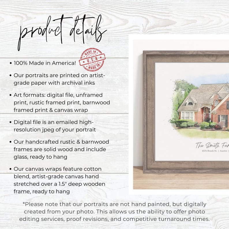May include: A watercolour illustration of a house with a red brick exterior, a brown roof, and a white front door. The illustration is framed in a rustic wood frame. The text "The Smith Family" is printed below the illustration.