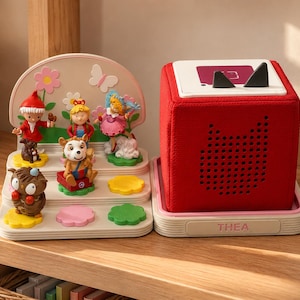 May include: A red fabric-covered speaker cube with a white top and black cat ears, sitting on a base labelled THEA. Next to it is a tiered display stand featuring five small colourful character figurines, including an owl, a dog, and three humanoids.