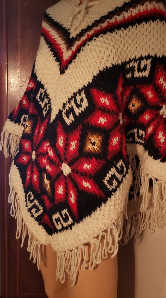 Vintage Mexican Hand Knitted Wool Fringed Poncho