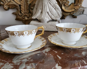 Royal Crown Derby Heraldic Pattern Gold Set Of 2 Teacups With Saucers