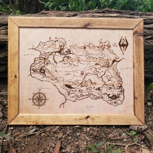 FRAMED Skyrim Engraved Wood Map - NEW LOOK - Read Description Before Purchasing