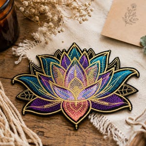May include: An embroidered lotus flower patch featuring vibrant gradients of purple, blue, pink, and yellow thread. The design is outlined with metallic gold stitching against a black background, showcasing intricate petal details and symmetrical layers.