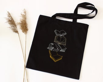 Books minimalistic embroidered tote bag / Black shopping bag / Book reader shopping bag