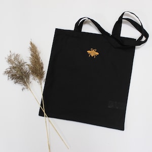 Bee embroidered tote bag / Black shopping bag / Organic cotton shopping bag / Cotton tote bag / Queen bee black bag