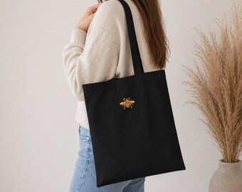 Embroidered Black Bee Tote Bag: Organic Cotton Shopping Bag