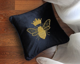 Bee with crown embroidered cushion / Queen bee throw cushion / Bee lover pillow / Throw pillow / Luxury home decoration