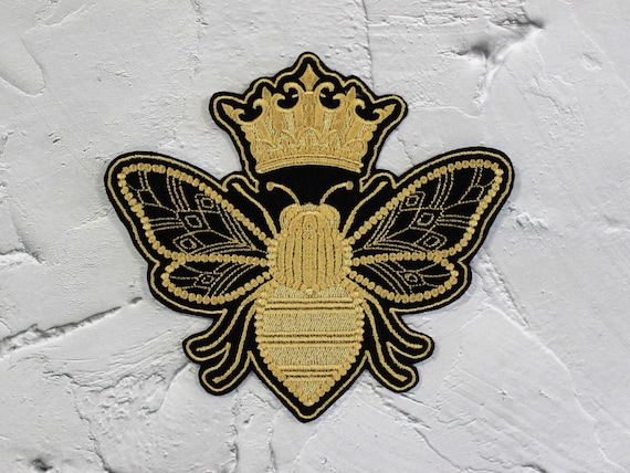 Embroidered Queen Bee Patch – Golden Iron-On or Sew-On Applique – Black Felt Bee for Jackets, Hoodies, Bags