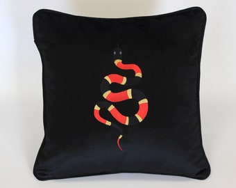 Embroidered velvet cushion with snake / home decor cushion with snake / embroidered velour snake pillow / minimalistic snake pillow