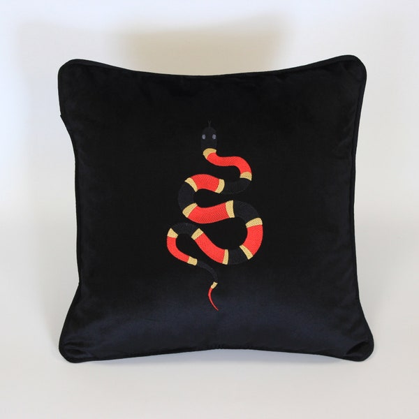 Embroidered velvet cushion with snake / home decor cushion with snake / embroidered velour snake pillow / minimalistic snake pillow