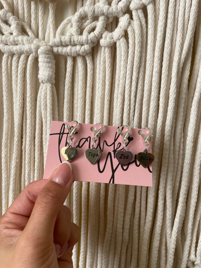 Set of personalized engraved charms displayed on thank-you card, each with different horse names.