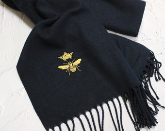 Embroidered scarf with royal bee / Gift for her / Christmas gift idea / Acrylic scarf / Scarf with tassels / Bee lover gift