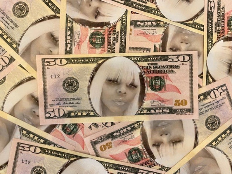 May include: A collection of fifty-dollar bills, with a portrait of a woman with white hair superimposed on each bill. The bills are in shades of pink, green, and beige, with the number 50 prominently displayed.