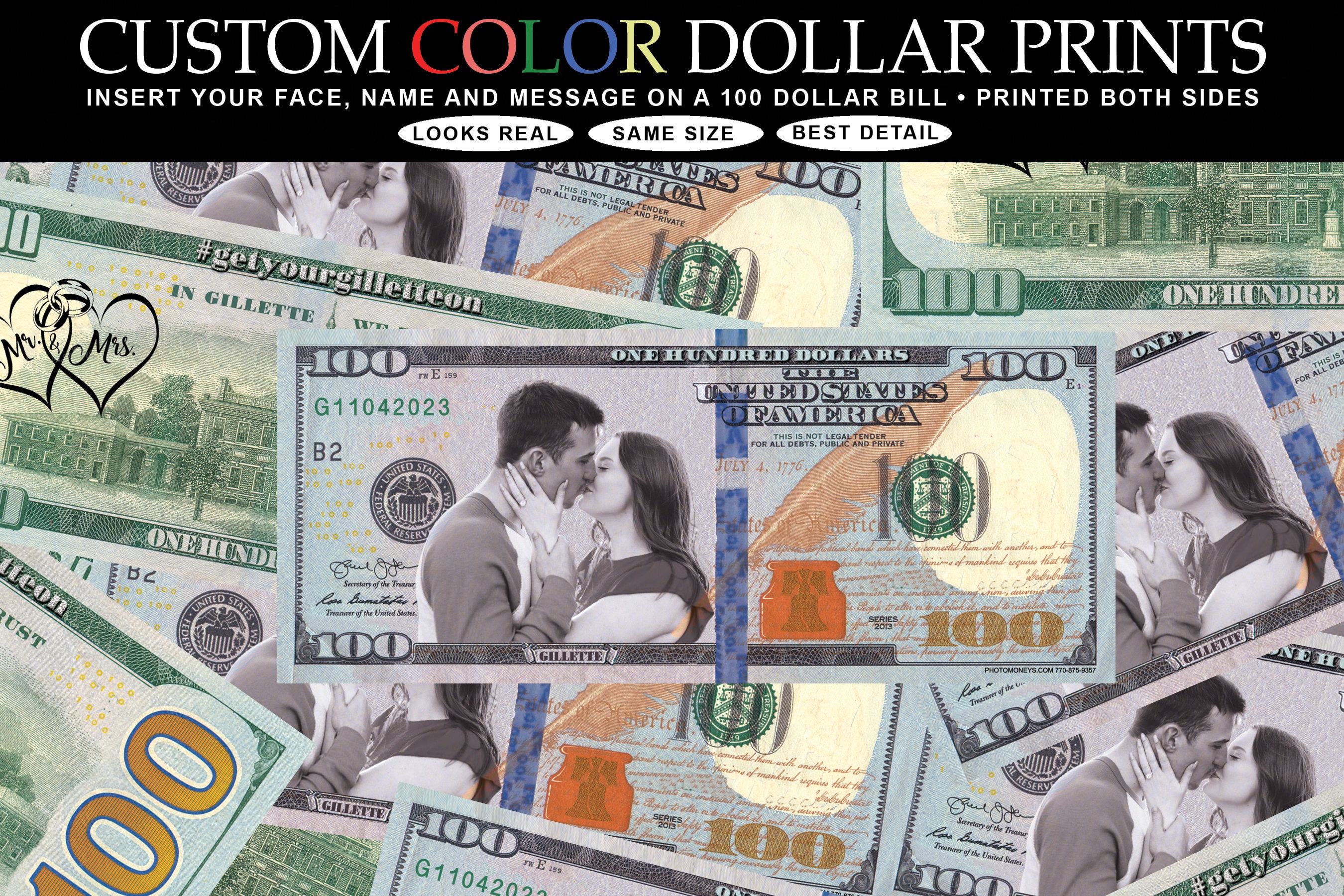 Wedding/Marriage Money, Birthday Bucks, Select 25/50/100/250/500Insert A Face & Name on a  One Hundred Dollar Bill Perfect Gift /Money Guns