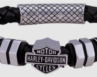 Bracelet en cuir tressé rond B&S pour homme avec écrous et boulons Harley-Davidson HSB0220