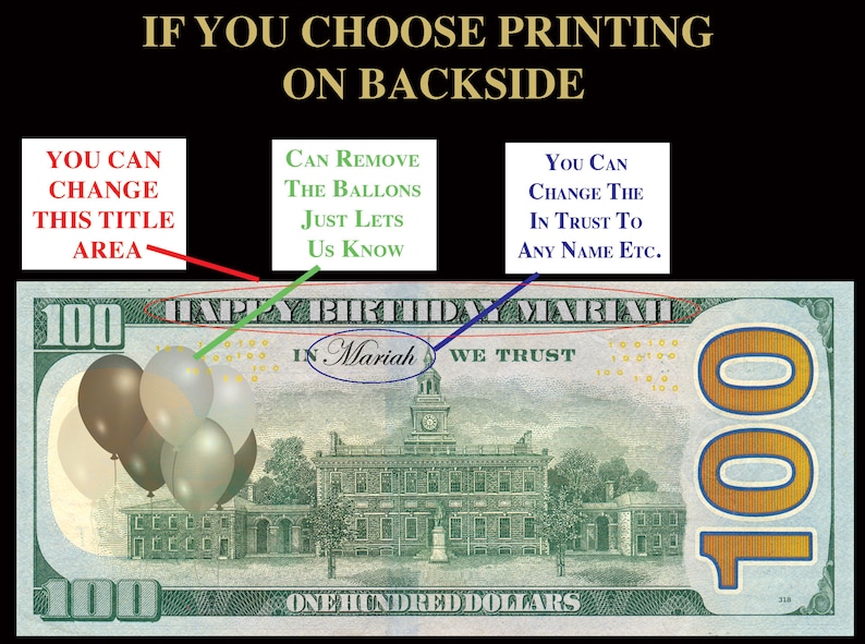May include: A custom-designed $100 bill with the text "HAPPY BIRTHDAY MARIAH." The design includes balloons and the name "Mariah" in a decorative font. The image also contains instructions for customization.
