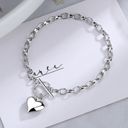 925 Sterling Silver Charm Bracelet Heart Shape Links Etsy