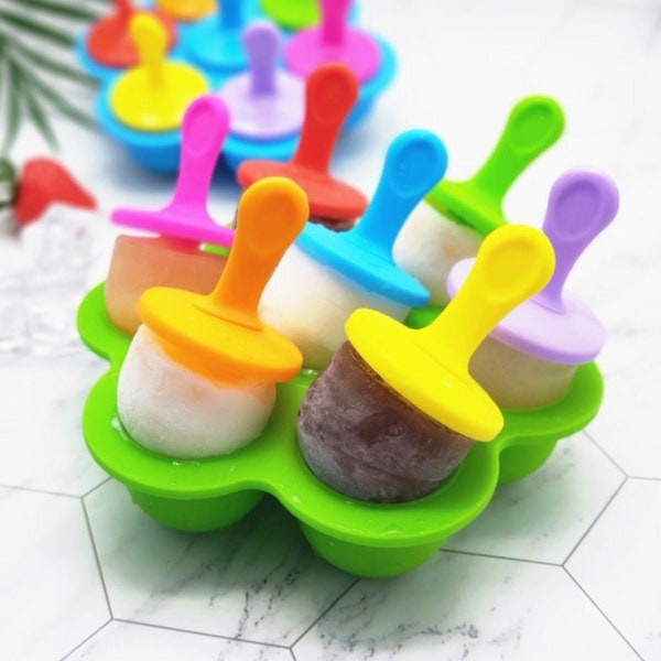 7 Cavity  Popsicle Mold / Mould Silicone, Frozen Sucker ic-lolly Ice Cube Tray With Lids Sticks Baby Food  Candy Ice Cream Mold