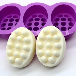 以下が含まれることがあります： 紫色のシリコン製の型に、盛り上がった突起のある白い石鹸が2つ入っています。型は3つのセクションに分かれており、それぞれに穴の格子があります。