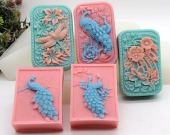 Embossed Silicone Soap Mold: Flowers, Peacocks, Dragonflies - DIY Lotion Bar Tool
