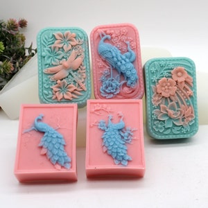 Silicone Rectangle Soap Mold Embossed Flowers Peacocks Dragonflies Soap Mold Handmade Soap Lotion Bar Making Tool DIY 5 Styles