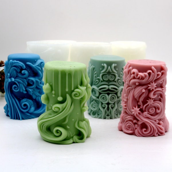 Embossed Pillar Candle Mold Silicone Candle Mould Handmade Artistic Scented Candle Tool 4 Styles