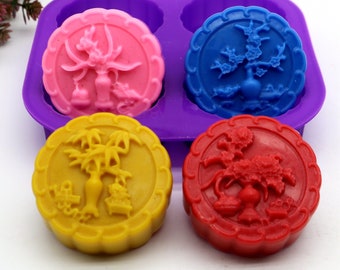 Stampo circolare per sapone con motivo a fiori, 4 cavità, utensili per la fabbricazione di barre di sapone e lozione