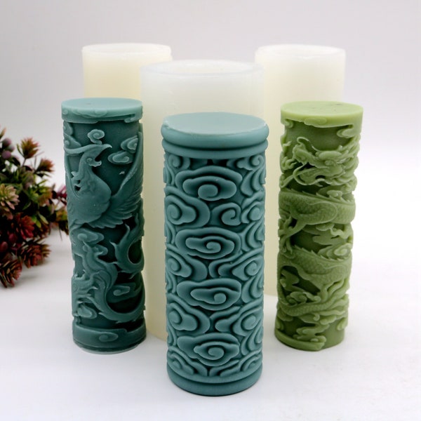 Sculptural Pillar Candle Mold Chinese Style Candle Mould Phoenix Chinese Loong Propitious Cloud Pattern 3 Styles