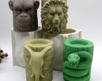 Embossed Animal Pillar Candle Mold: Silicone Candle Mould, Lion, Elephant, Snake, Gorilla 4 Style