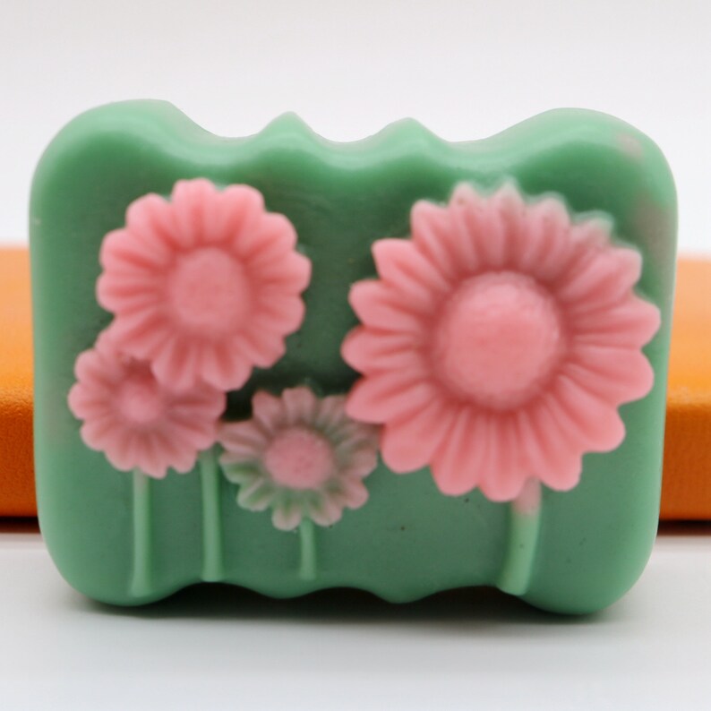 Puede incluir: Una pastilla de jab&oacute;n verde con un dise&ntilde;o floral. El jab&oacute;n presenta cuatro flores rosas con tallos y hojas verdes.