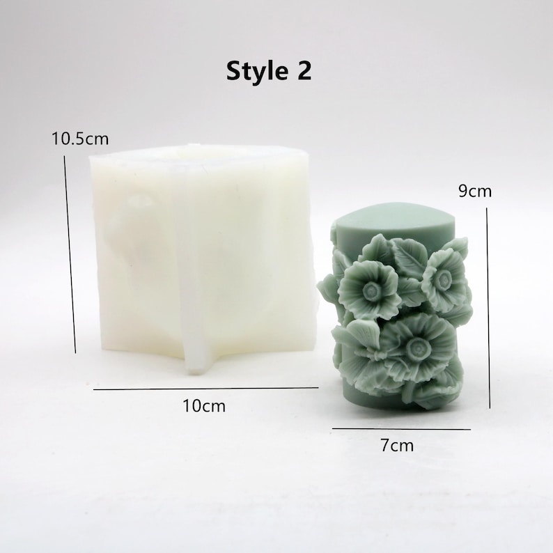 May include: Style 2 silicone mould for making candles. The mould is 10.5 cm tall and 10 cm wide. The finished candle is 9 cm tall and 7 cm wide and features a floral design.