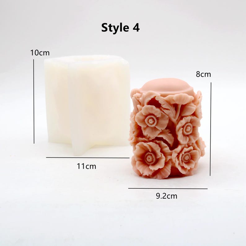 May include: A silicone mould for making candles, shaped like a cylinder with a floral design. The mould is 10 cm tall, 11 cm wide, and 8 cm in diameter. The finished candle will be 9.2 cm in diameter. Style 4.