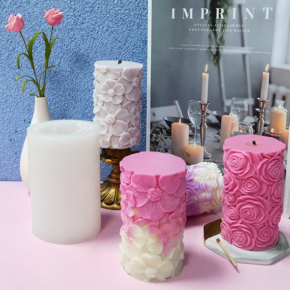 Moldes de vela de columna de flores de rosa, molde de fundición de resina  cilíndrica para hacer velas, molde de silicona para hacer velas, molde de