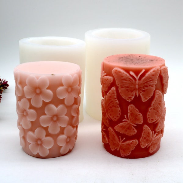 Silicone Relief Pillar Candle Mould Handmade Scented Candles Making Tool Butterflies Flowers