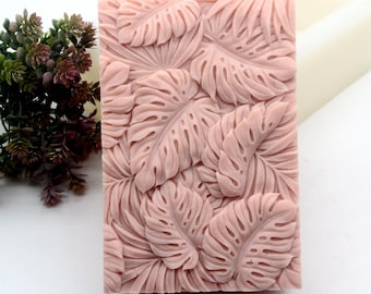 May include: A pink silicone mould with a detailed design of tropical leaves. The mould is ideal for creating decorative soap bars, candles, or other crafts.